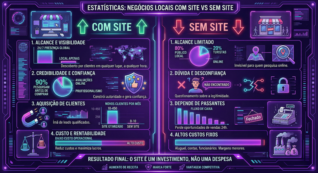 Infográfico: Estatísticas de negócios locais com site versus sem site — alcance, credibilidade, aquisição de clientes e rentabilidade